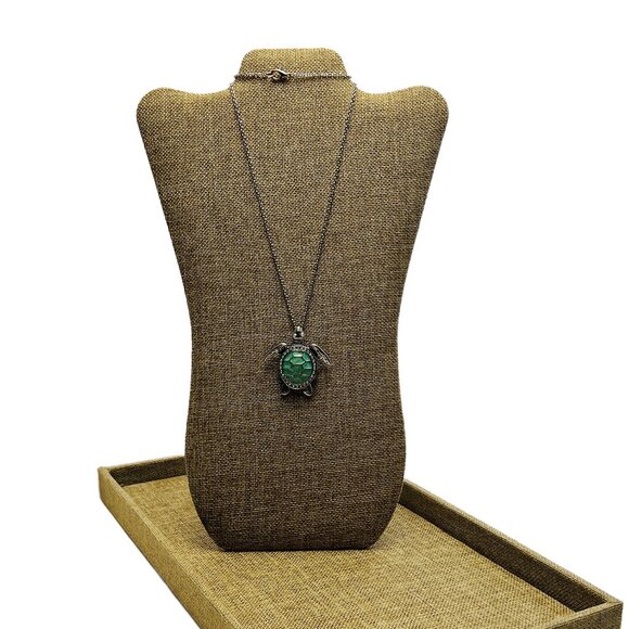 Sea Turtle Necklace Aqua Enamel AB Crystal Rhinestones Shiny Silver Tone - Picture 2 of 10